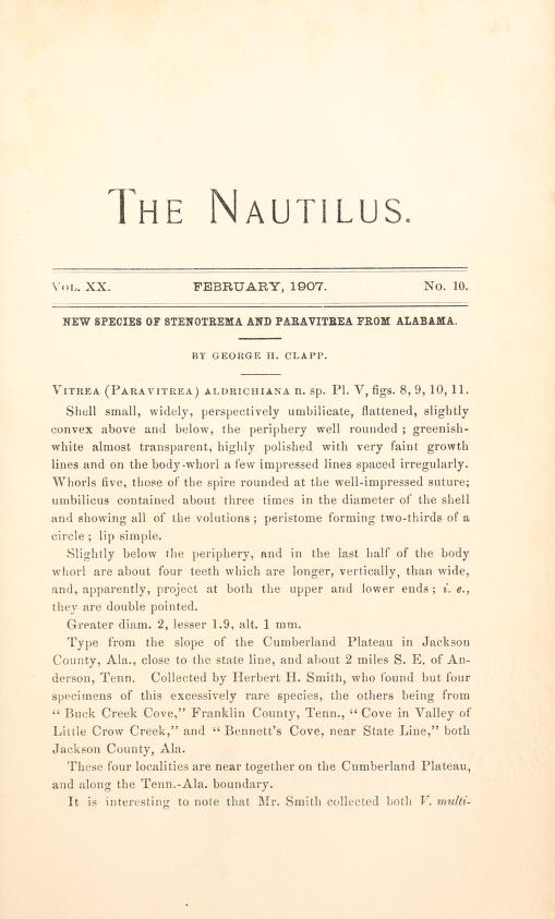 Media type: text; Clapp 1907 Description: The Nautilus, vol. XX, no. 10;