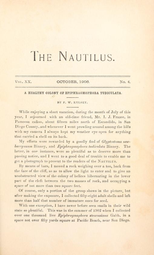 Media type: text; Sterki 1906 Description: The Nautilus, vol. XX, no. 6;